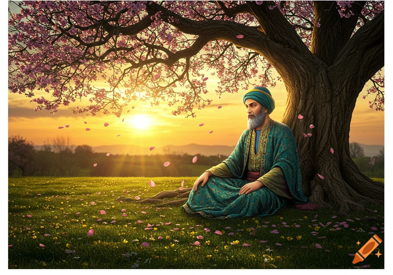 A bearded man in teal robes and a turban sits meditating under a pink blossom tree in a field at sunset.