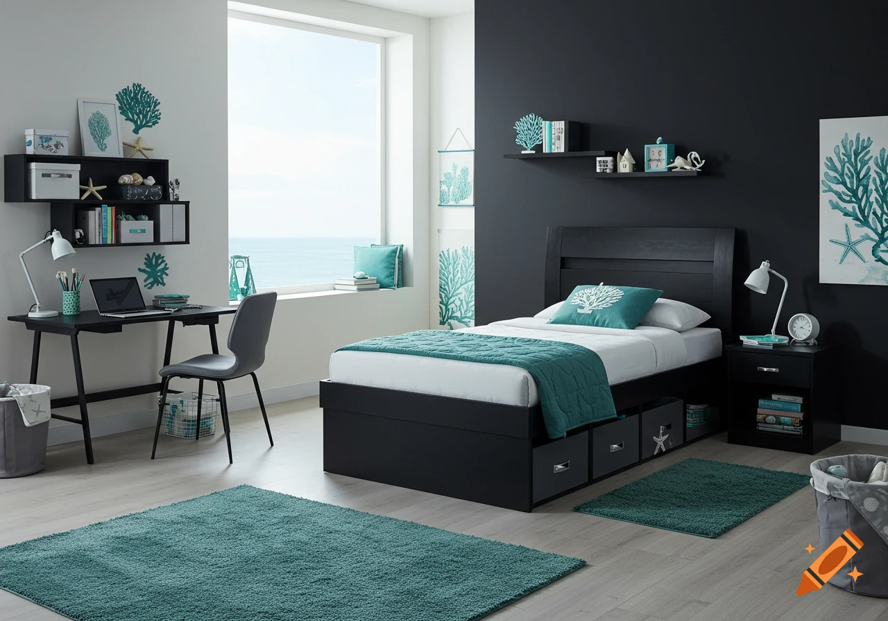 A bright, modern bedroom with black furniture, including a twin bed, desk, and nightstand, featuring coastal decor and a large window overlooking the ocean.