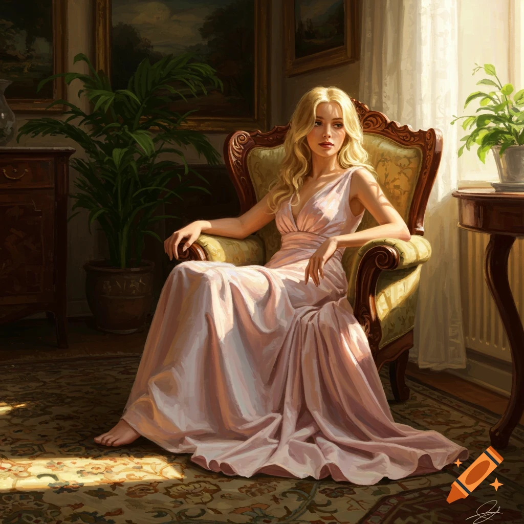 Blond woman in a pink dress sits in an ornate armchair in a sunlit room with paintings and plants, in a painterly style.