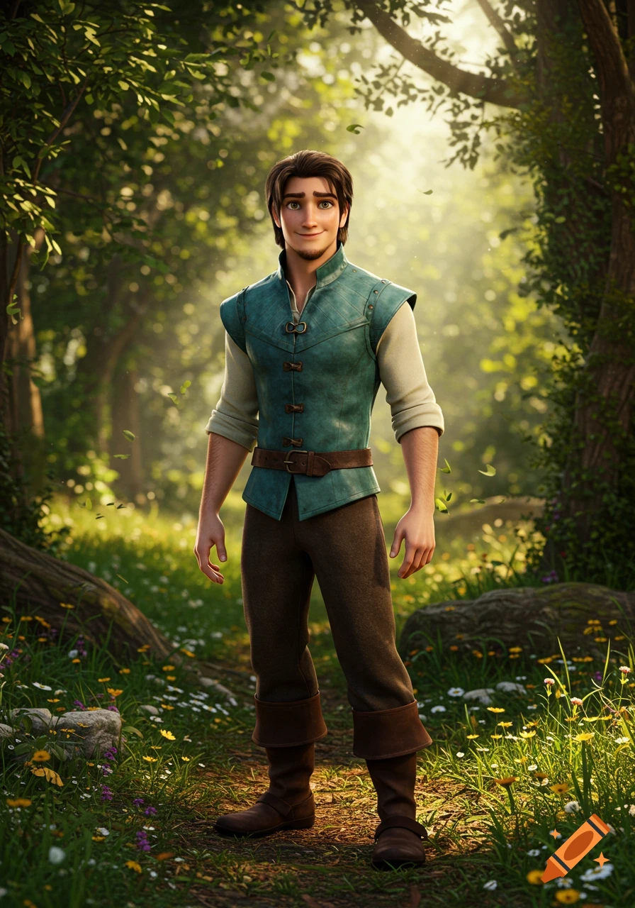 A handsome man resembling Flynn Rider from Tangled stands on a forest path, smiling. Sunbeams filter through green trees.