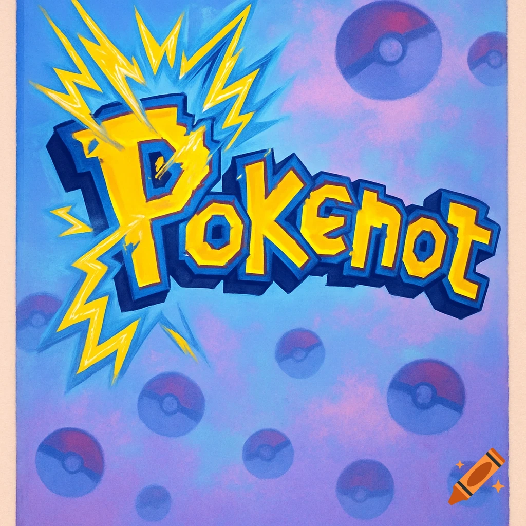 Stylized yellow and blue text reads 'POKenot' with lightning bolts, against a blue and purple background with blurred Pokeball symbols.