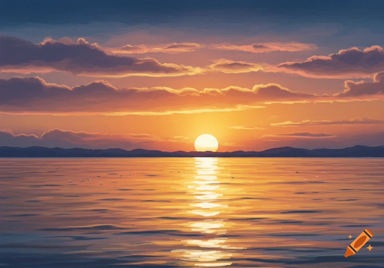Vibrant painterly sunset over a calm body of water, with the sun low on the horizon, casting a golden reflection.