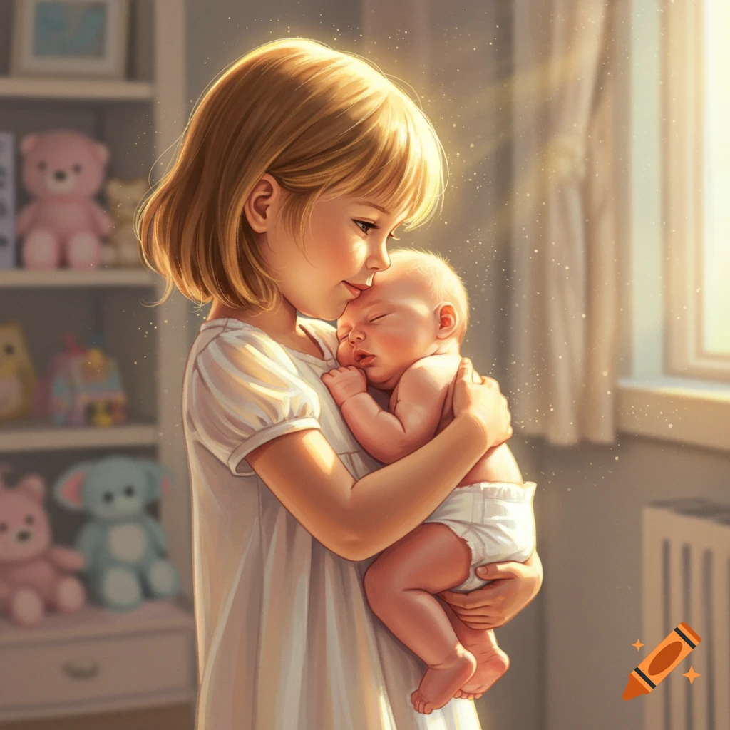 An illustration of a young girl gently holding a sleeping baby in a sunlit room with toys in the background.