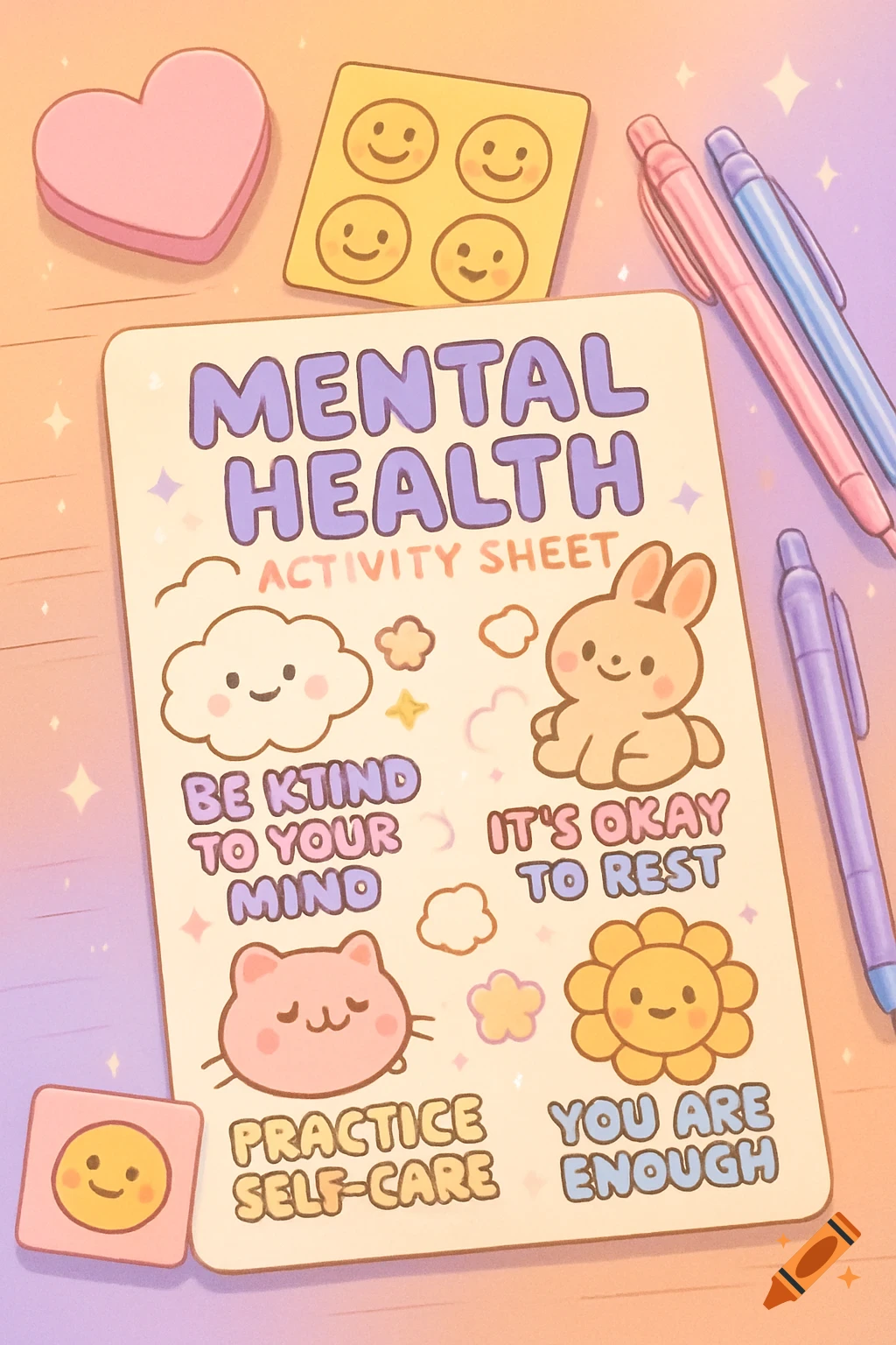 A cute, pastel-colored mental health activity sheet featuring cartoon characters like a smiling cloud, bunny, and cat, with positive phrases.