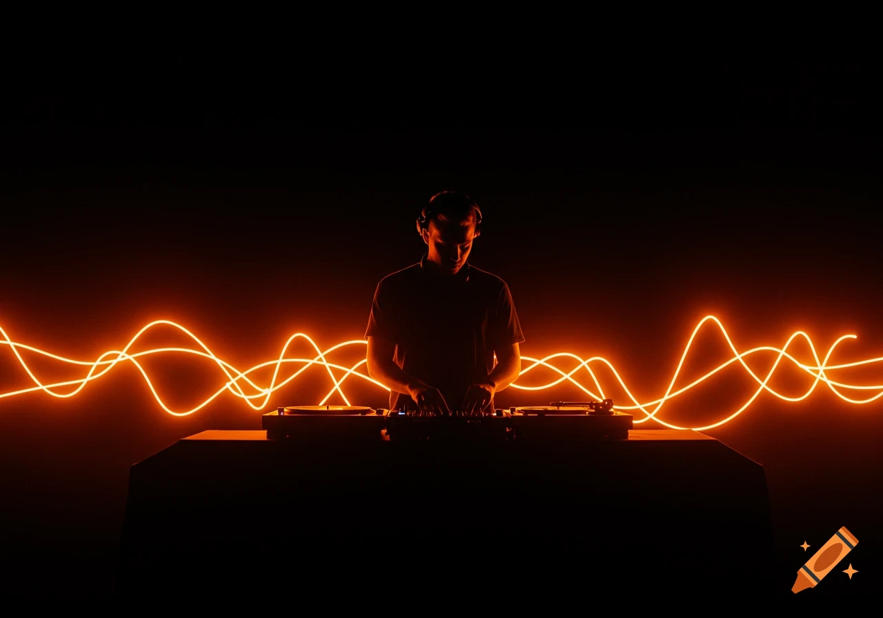 A silhouetted DJ stands at a mixing console with vibrant orange neon sound waves in the background.