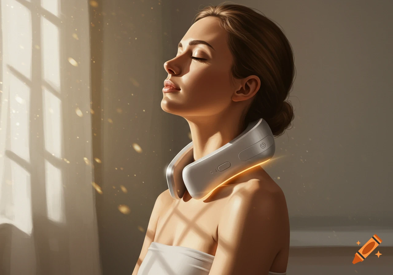 A woman with closed eyes wears a neck device, bathed in warm sunlight in a calm room.
