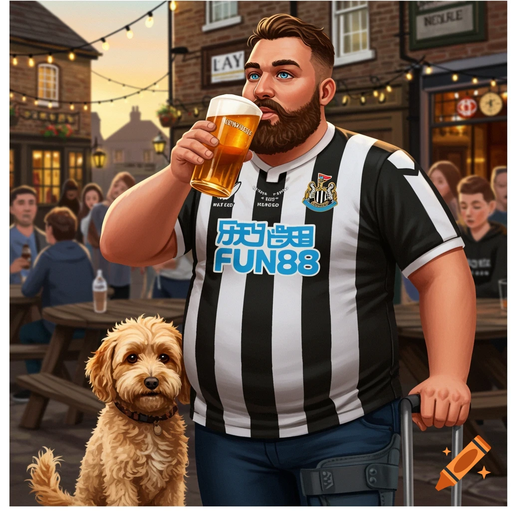 A bearded man in a Newcastle FC shirt drinks beer next to a cockapoo dog in a pub garden, stylized illustration.