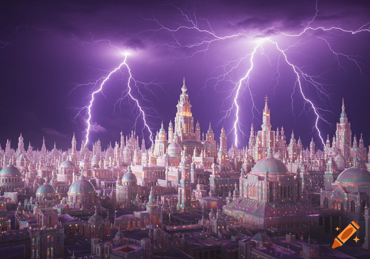 A fantastical city of opalescent buildings under a purple lightning storm.