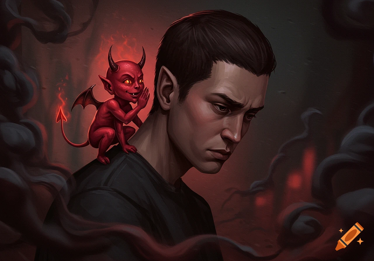 A serious man looks down as a small red devil with wings whispers into his ear, depicted in a digital art style.