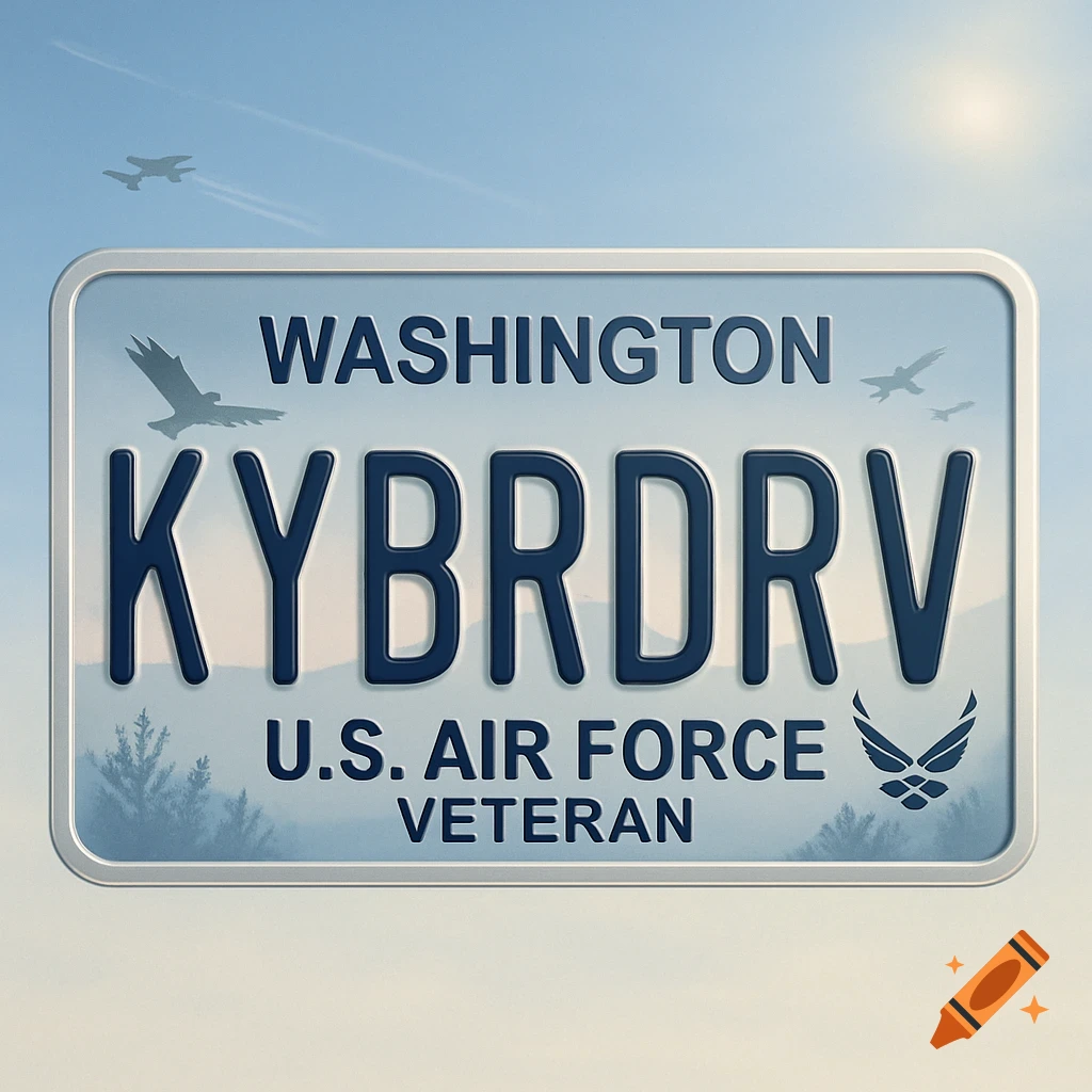 A Washington state license plate with 'KYBRDRV' and 'U.S. Air Force Veteran' text, against a sky background with distant planes.