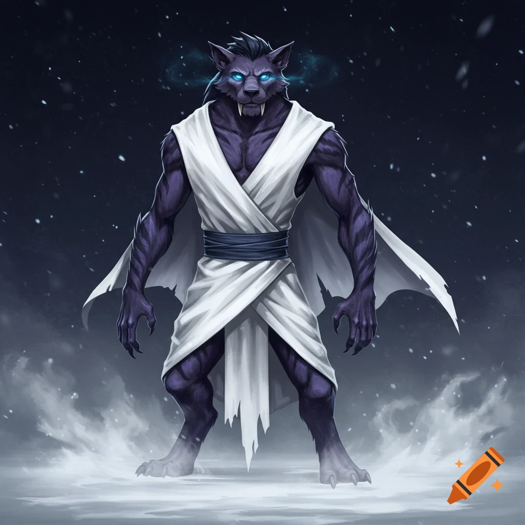 A powerful, purple and black sabertooth mobian in a white robe stands in a snowy, dark setting with glowing blue eyes.