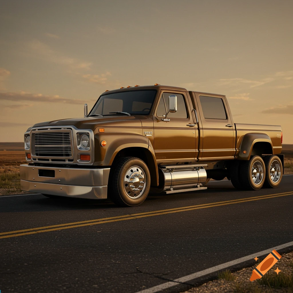 A custom bronze pickup truck with a 1940s cab and tandem rear axles sits on a rural road at sunset.