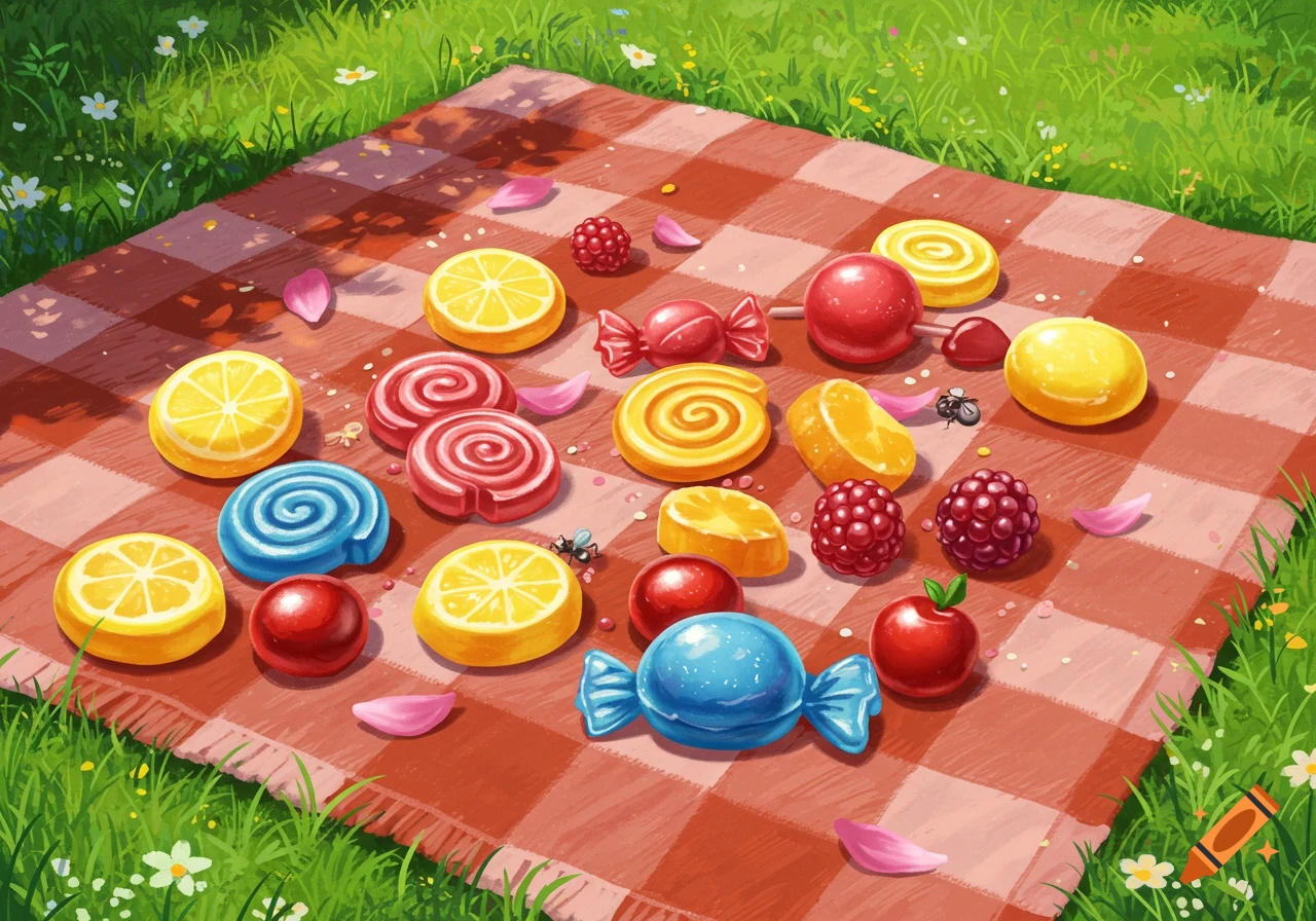 An illustration of colorful candies, including lollipops, lemon slices, and wrapped sweets, on a red and white checkered picnic blanket in green grass.