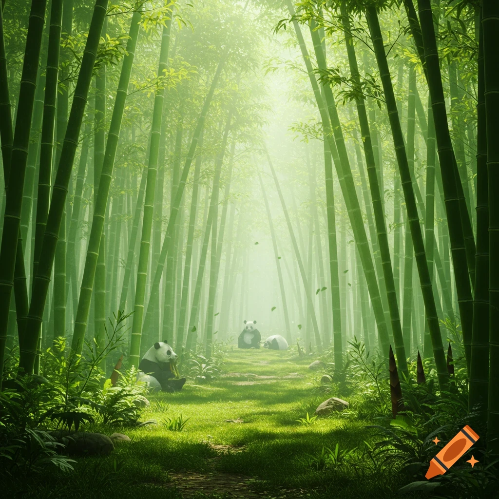 Three pandas in a lush green bamboo forest, with sunlight filtering through the tall stalks and leaves.