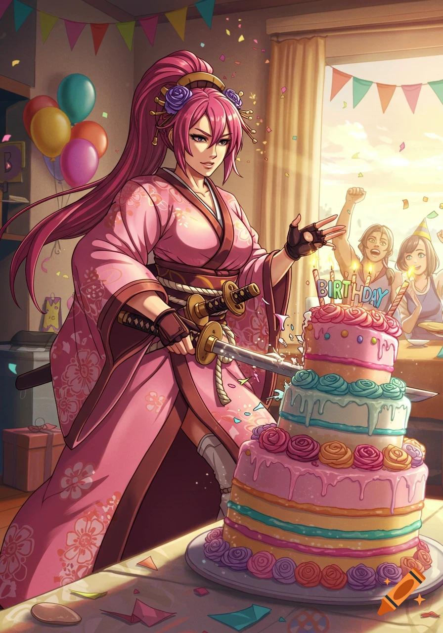 Anime-style character in a pink kimono slicing a colorful tiered birthday cake with a katana, as friends cheer in the background.