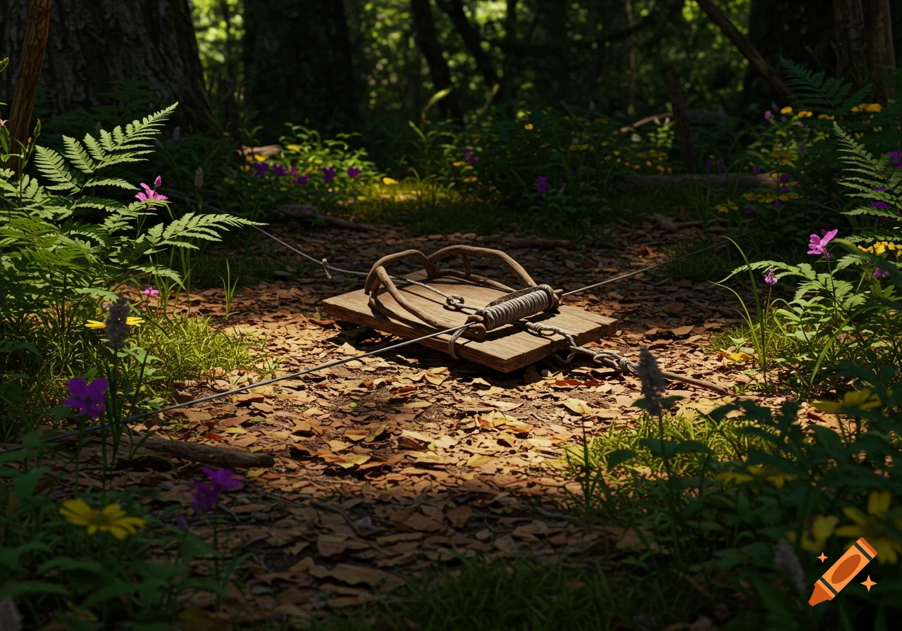 A photorealistic image of a snare trap on a leaf-covered forest floor, surrounded by green plants and wildflowers.