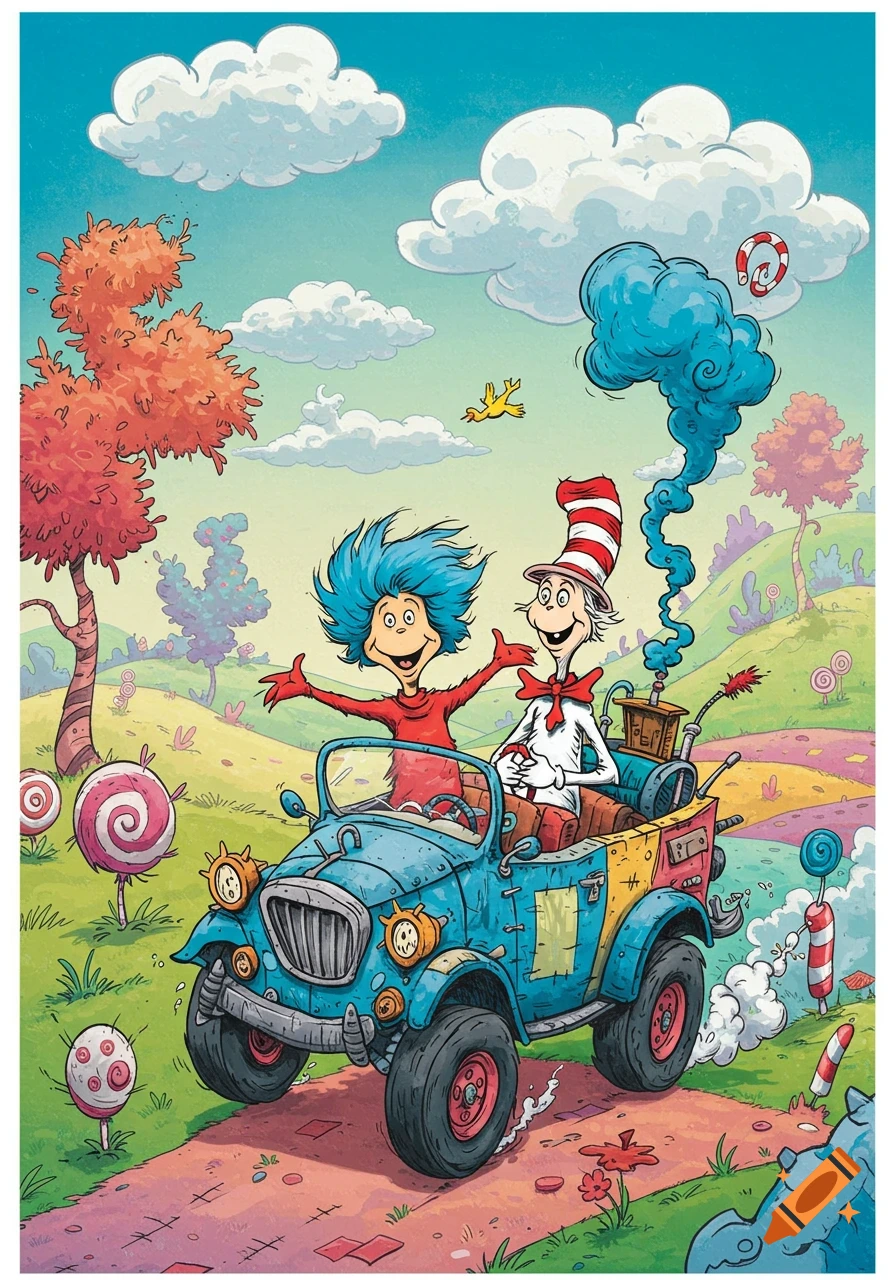 Thing 2 and the Cat in the Hat drive a whimsical junk car through a colorful, Dr. Seuss-style landscape filled with giant lollipops.
