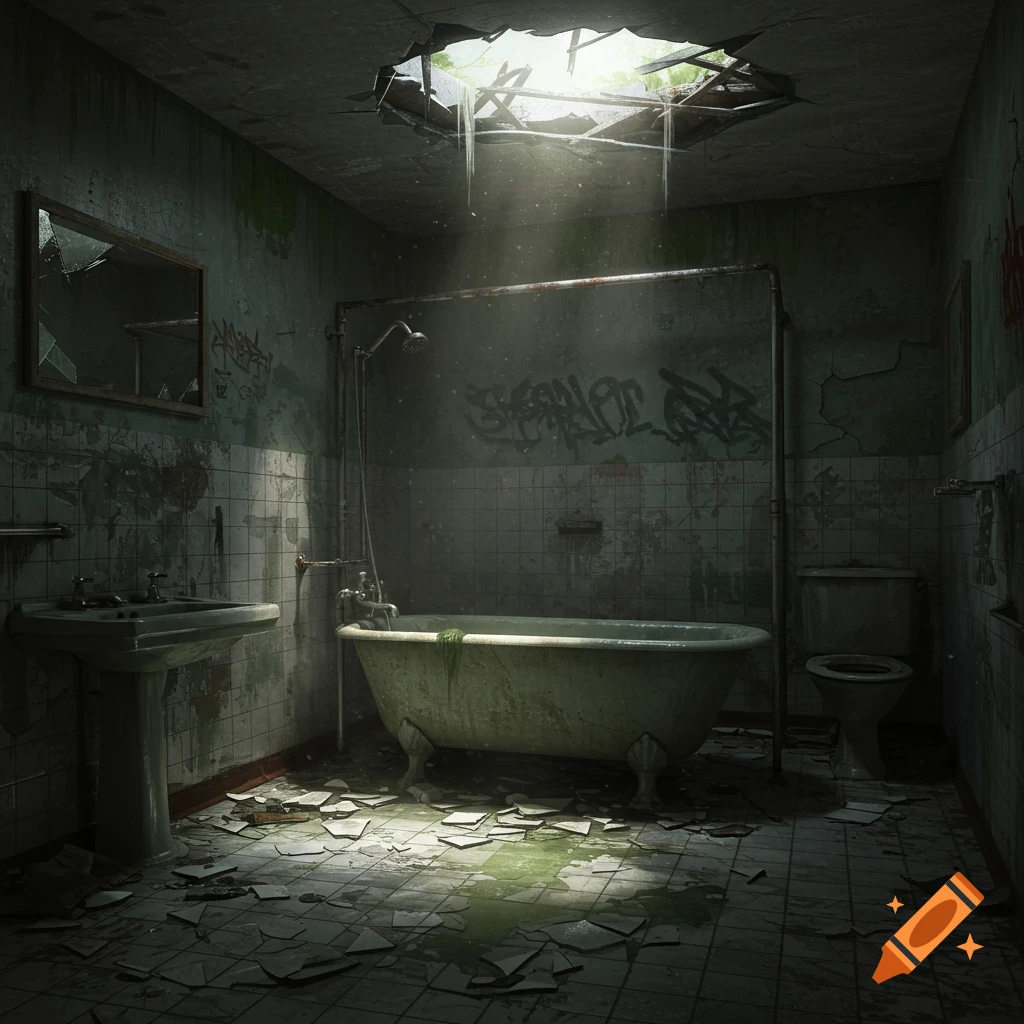 Photorealistic image of a dark, destroyed post-apocalyptic bathroom with a hole in the ceiling and debris on the floor.