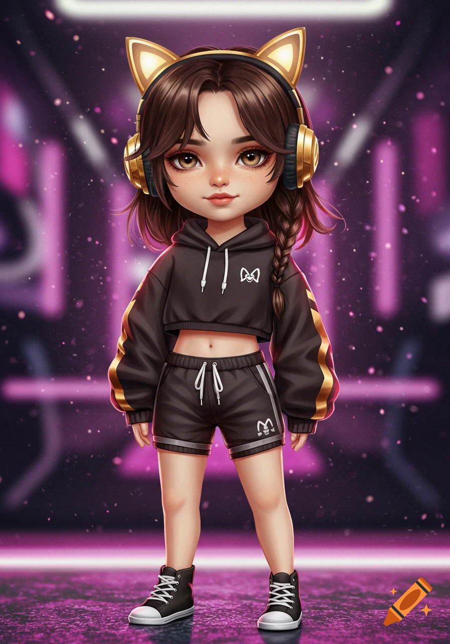 Chibi character with brown hair, cat-eared headphones, cropped hoodie, and shorts in a neon purple setting.