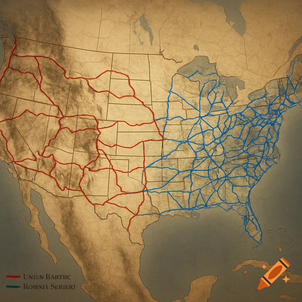 A map of the United States with red and blue routes on a textured paper background.