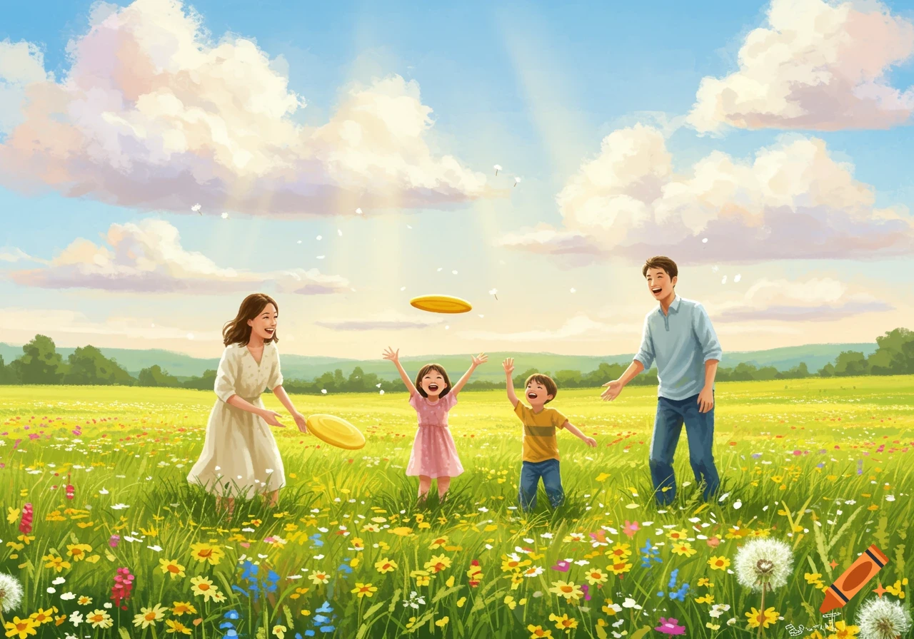 A cheerful family plays with yellow frisbees in a sunny field filled with colorful wildflowers, illustrated.
