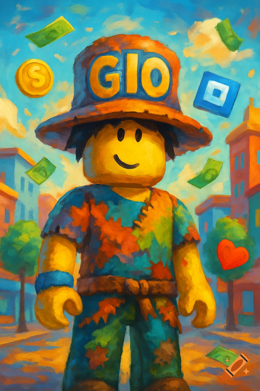 A Roblox-style character with a GIO hat and patched clothes stands as money falls around them, in a painterly style.