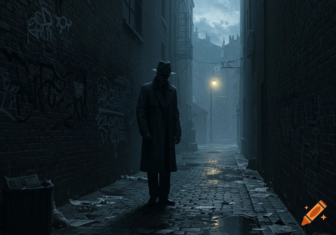 A mysterious figure in a trench coat and fedora stands in a dark, rainy urban alley at night, lit by a lone streetlamp.
