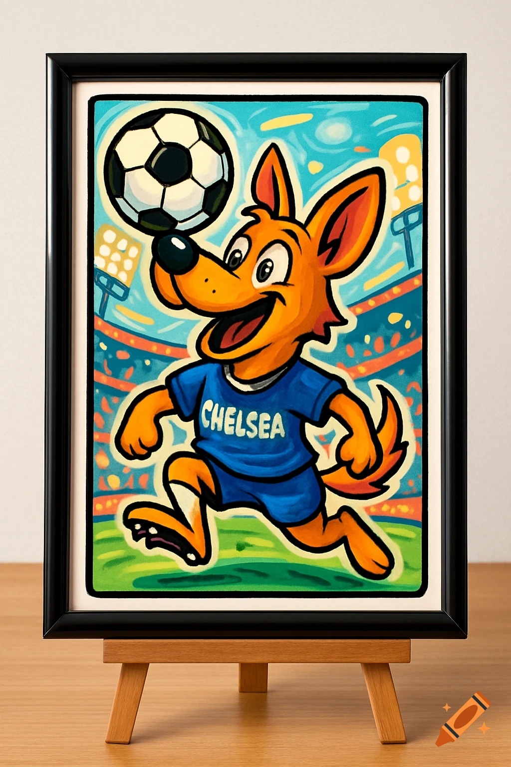 A cartoon orange dog in a blue 'Chelsea' football shirt balances a soccer ball on its nose in a stylized stadium. Framed print on a stand.