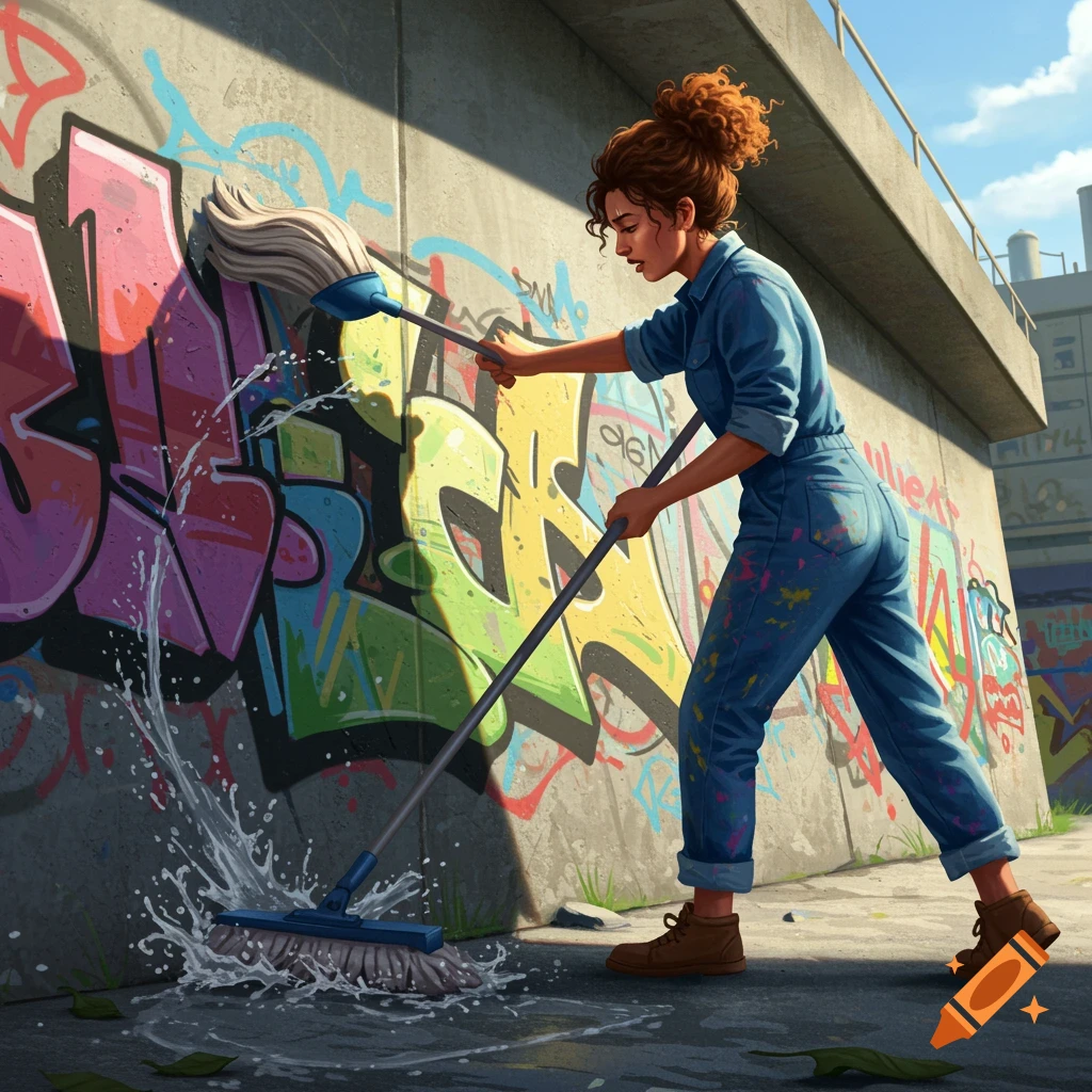 A woman with curly brown hair in a denim jumpsuit mops a concrete wall covered in colorful graffiti, splashing water on the ground.