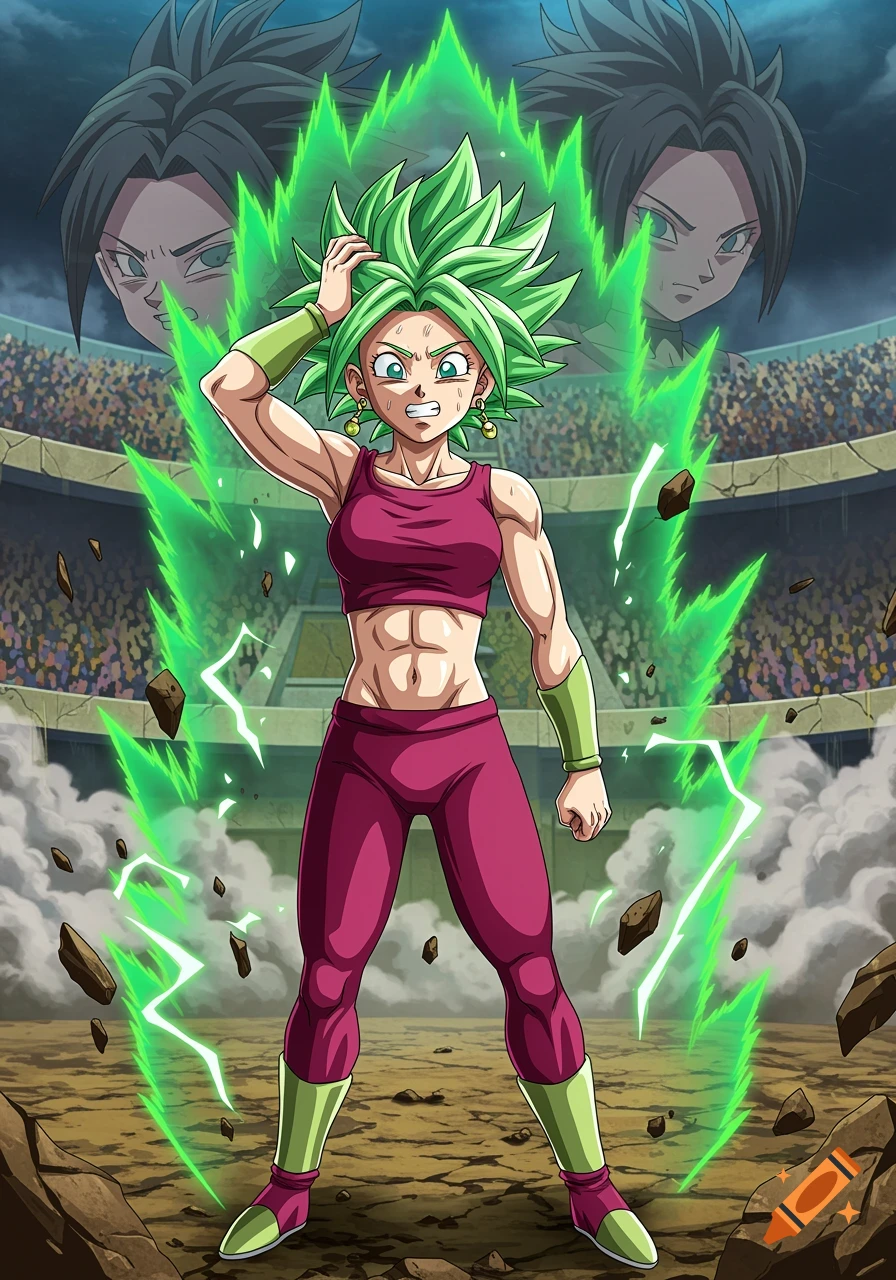 Anime illustration of Kefla from Dragon Ball Super, with green spiky hair and glowing green aura, clutching her head in pain in an arena. Spectral heads of Kale and Caulifla appear in the background.