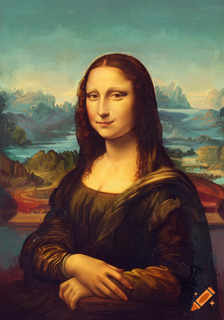 A famous oil painting of the Mona Lisa, a woman with a subtle smile, against a landscape background.