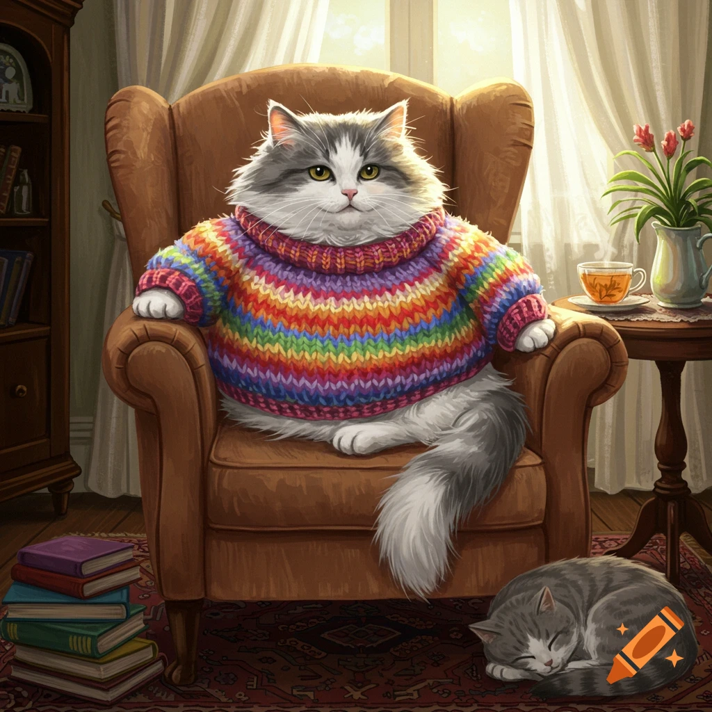 A fluffy grey and white cat in a rainbow sweater sits in an armchair. Another cat sleeps on the rug nearby.