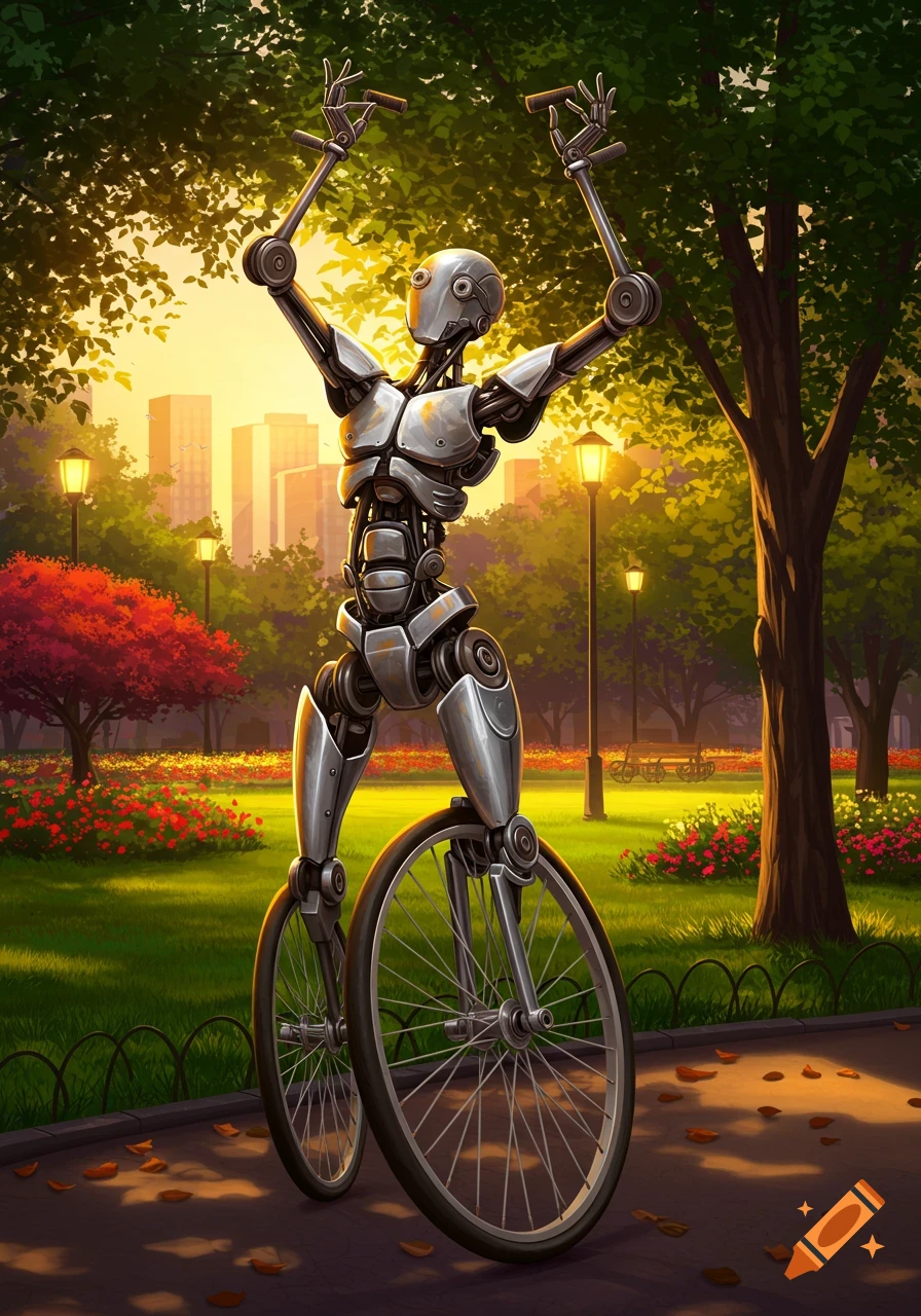 A robot with two large bicycle wheels for legs stands in a sunny park, with its arms raised. The park features trees, flowers, and lampposts.