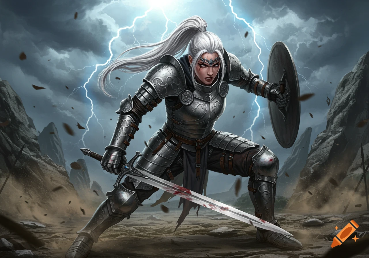 A fierce female warrior in full plate armor holds a bloody sword and shield under a stormy sky with lightning.