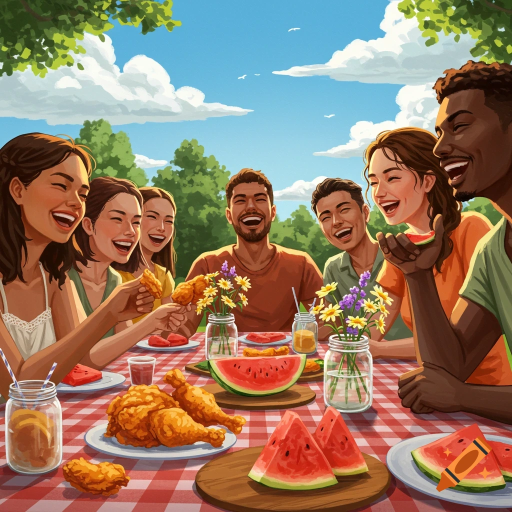 A diverse group of happy friends laughing and eating fried chicken and watermelon at an outdoor picnic on a sunny day. The table is covered with a red and white checkered tablecloth, with drinks and flowers.