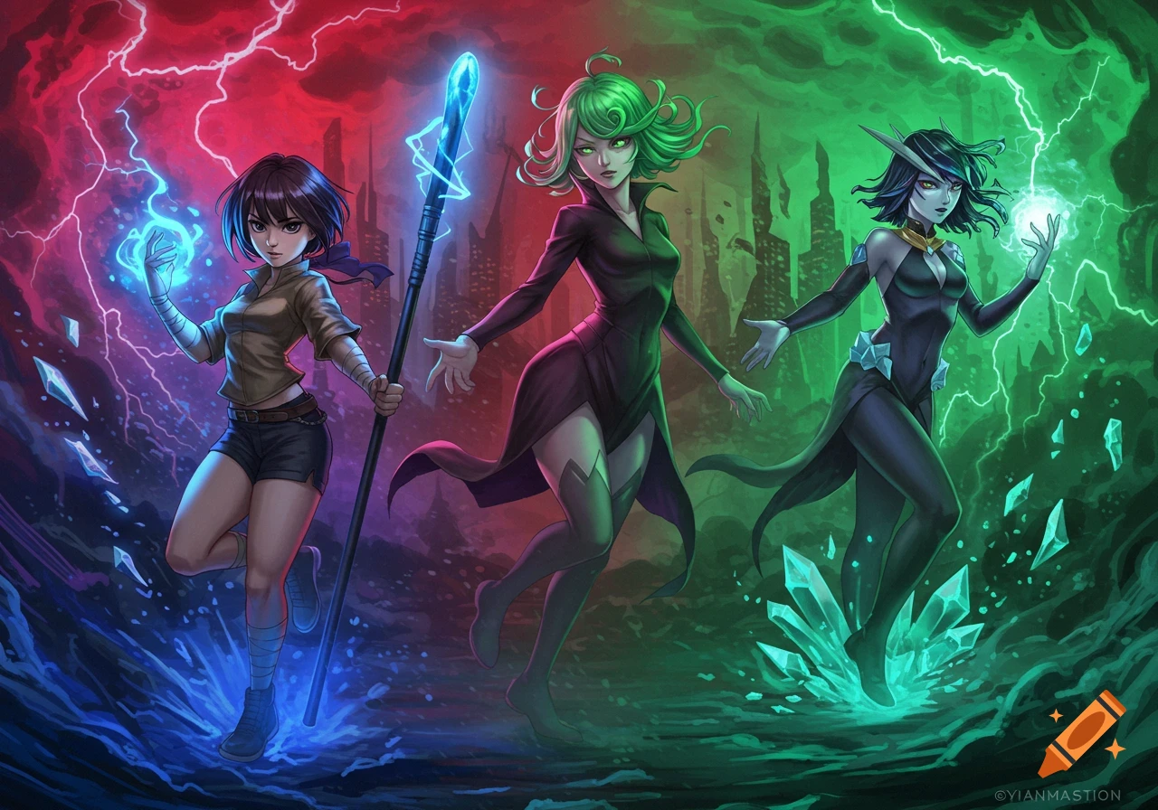 Three anime-style female characters with magical powers and a staff stand in a split red and green landscape with floating crystals.
