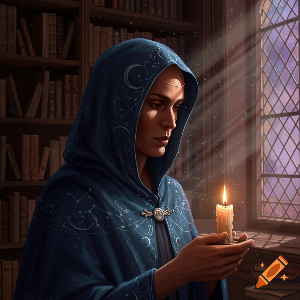 A person in a blue hooded cloak adorned with celestial patterns holds a lit candle in a dimly lit library.