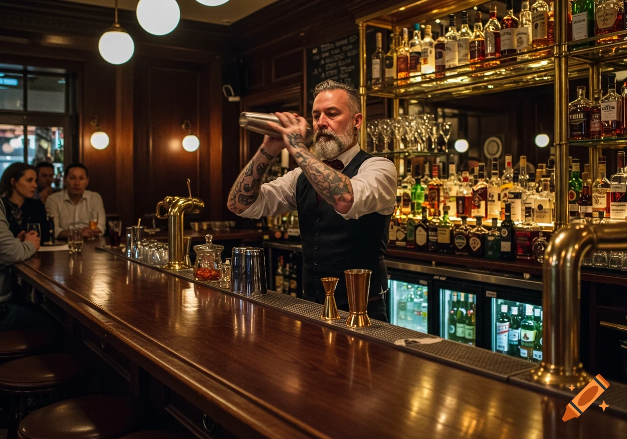 A photorealistic image of a tattooed bartender shaking a drink behind a wooden bar filled with bottles.