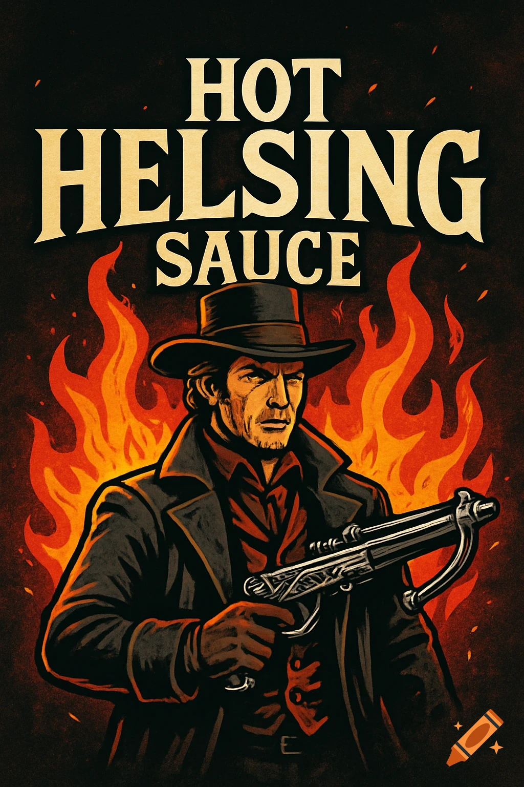 Illustrated poster of a man in a coat and hat holding a rifle, with flames behind him and 'HOT HELSING SAUCE' text.