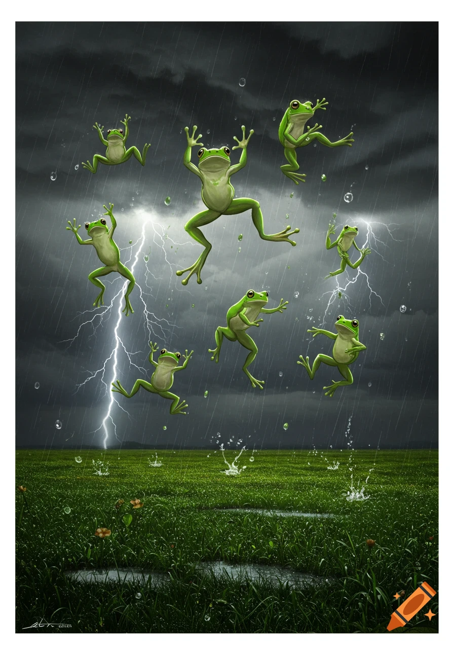 Cartoon frogs falling from a stormy, rainy sky with lightning onto a green, grassy field with puddles and splashes.