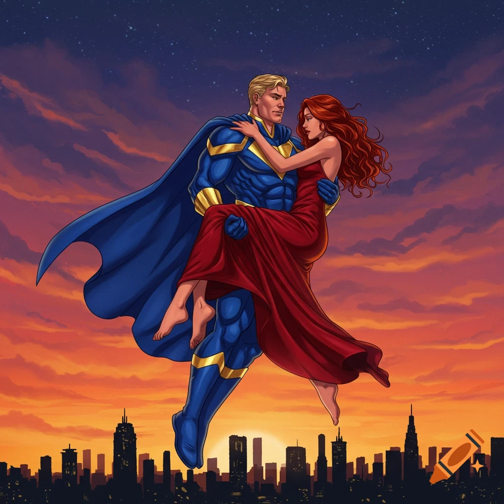 A superhero flies over a city skyline at sunset, carrying a woman in a red dress in a comic book art style.