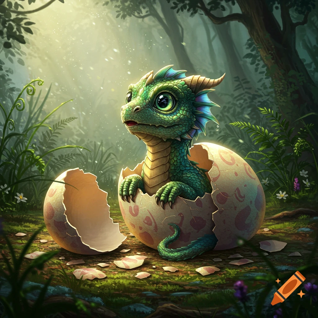 A cute, green baby dragon with large eyes emerges from a cracked egg in a sunlit, mystical forest.