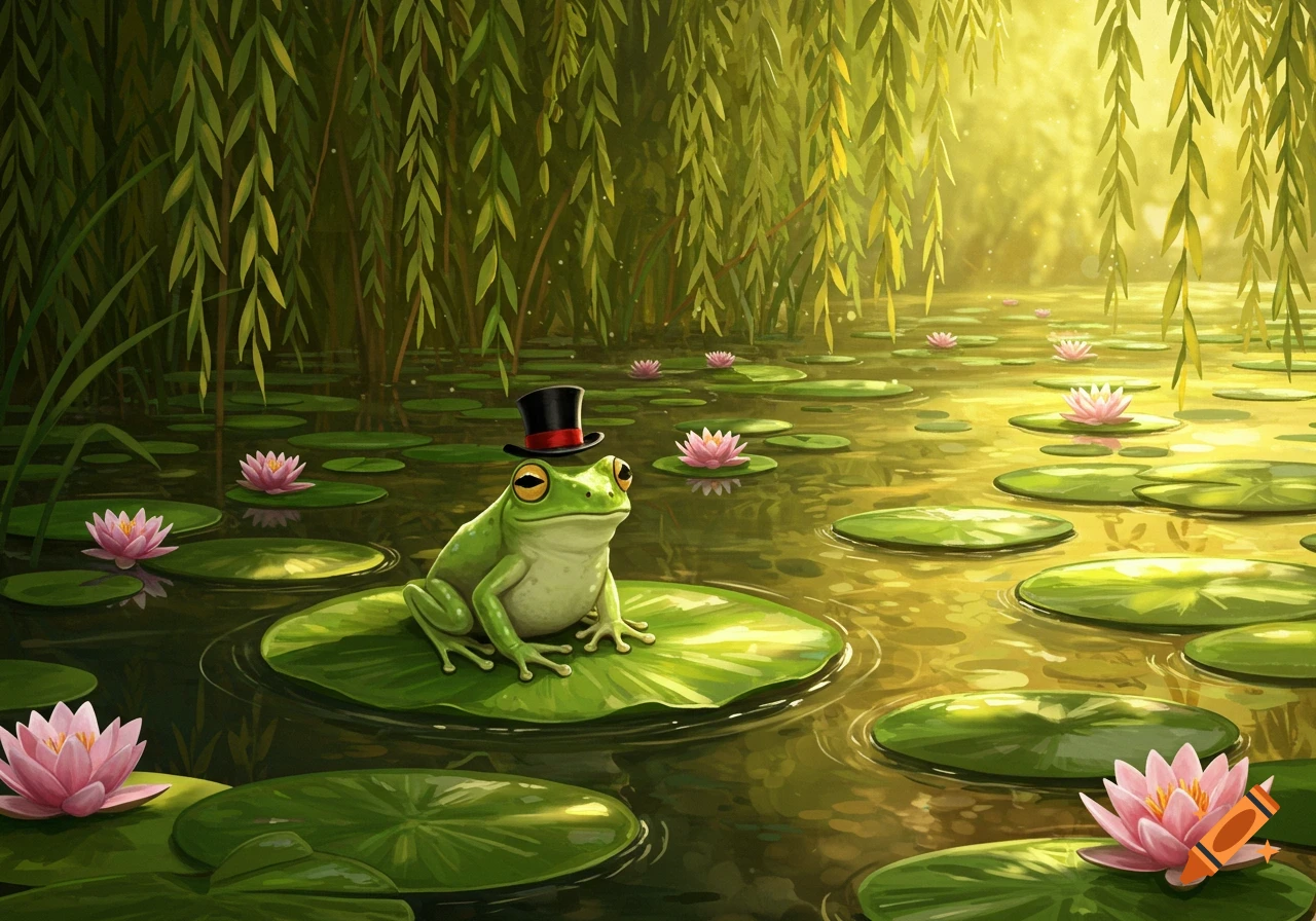 A green frog wearing a black top hat with a red stripe sits on a lily pad in a sunlit pond surrounded by pink water lilies and weeping willow trees.