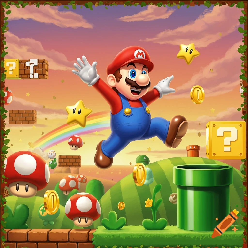 Mario jumps happily through a vibrant Super Mario Bros. landscape with power-up blocks, green hills, mushrooms, stars, and coins.