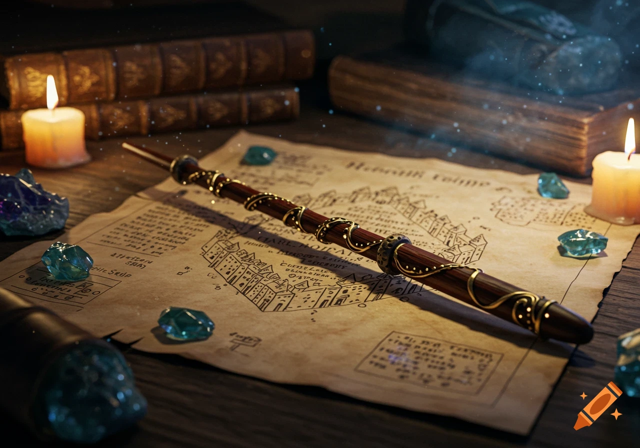 A detailed wizard's wand lies on an old map, surrounded by glowing crystals and lit candles in a magical still life.