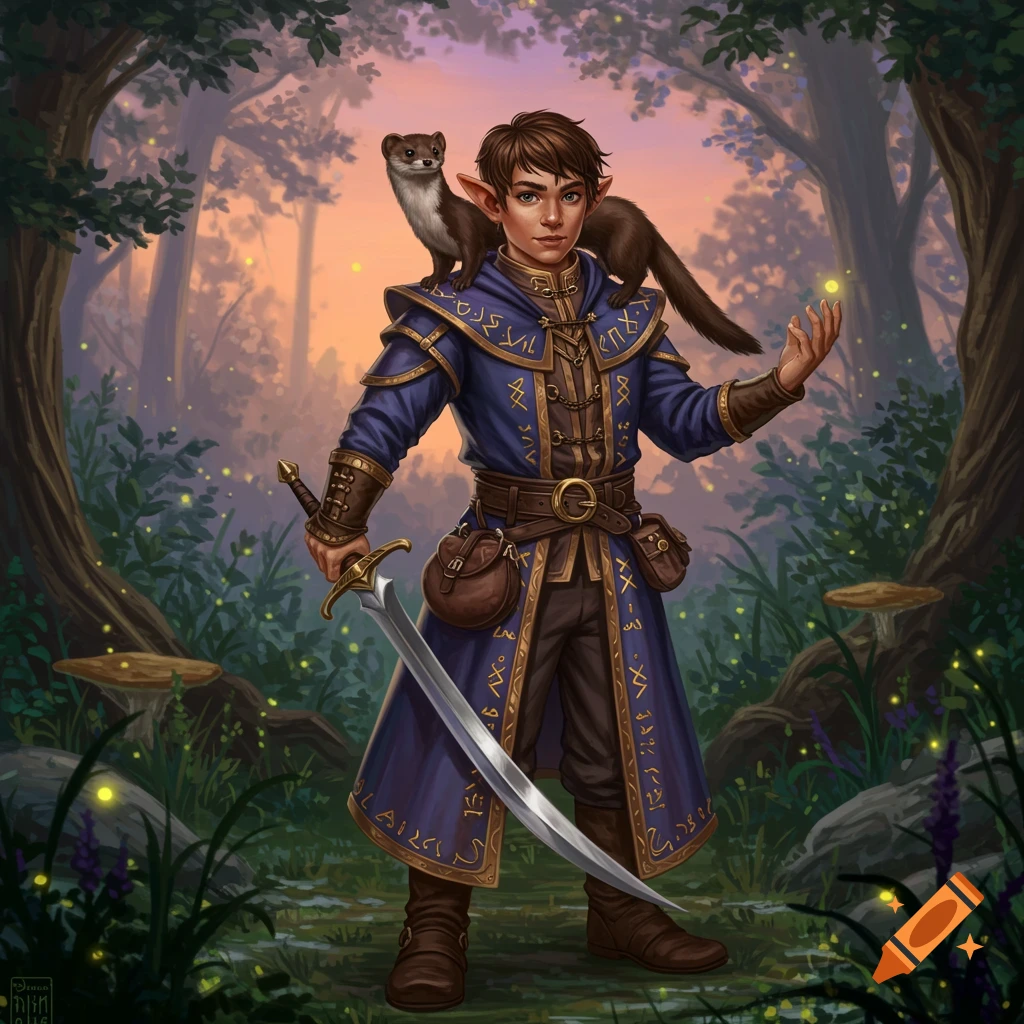A young, elf-like male in blue wizard robes holds a scimitar, a weasel perched on his shoulder, in a mystical forest. Digital painting.