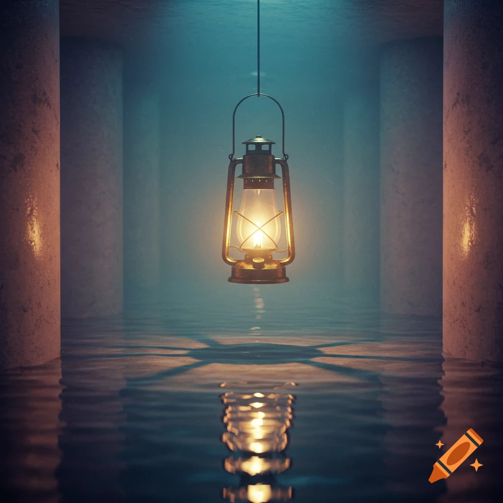 Glowing lantern suspended over reflective water in a dark, atmospheric chamber with concrete pillars, photorealistic style.
