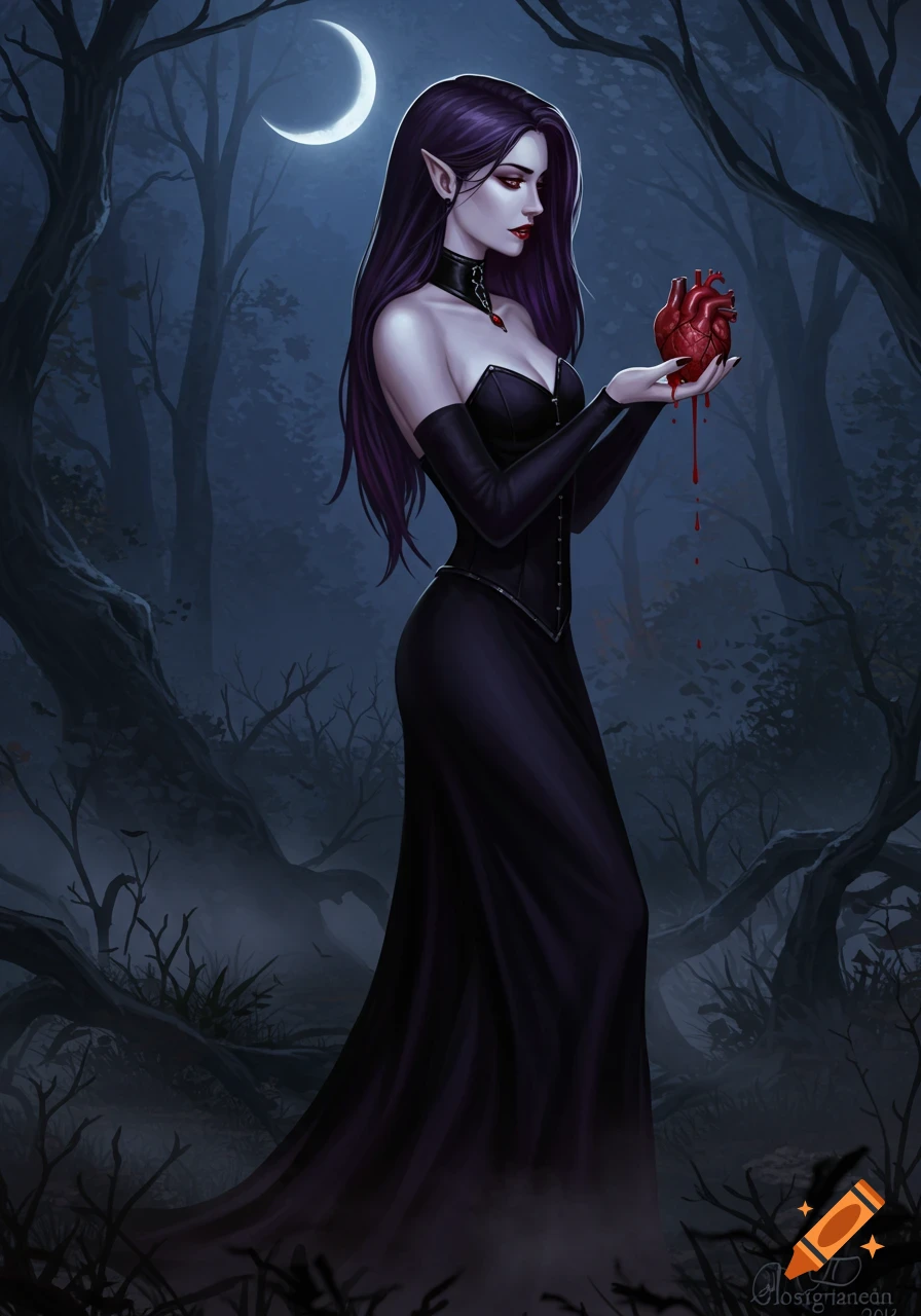 A digital painting of a pale vampire woman with long purple hair, wearing a black dress, holding a bleeding heart in a dark, misty forest under a crescent moon.