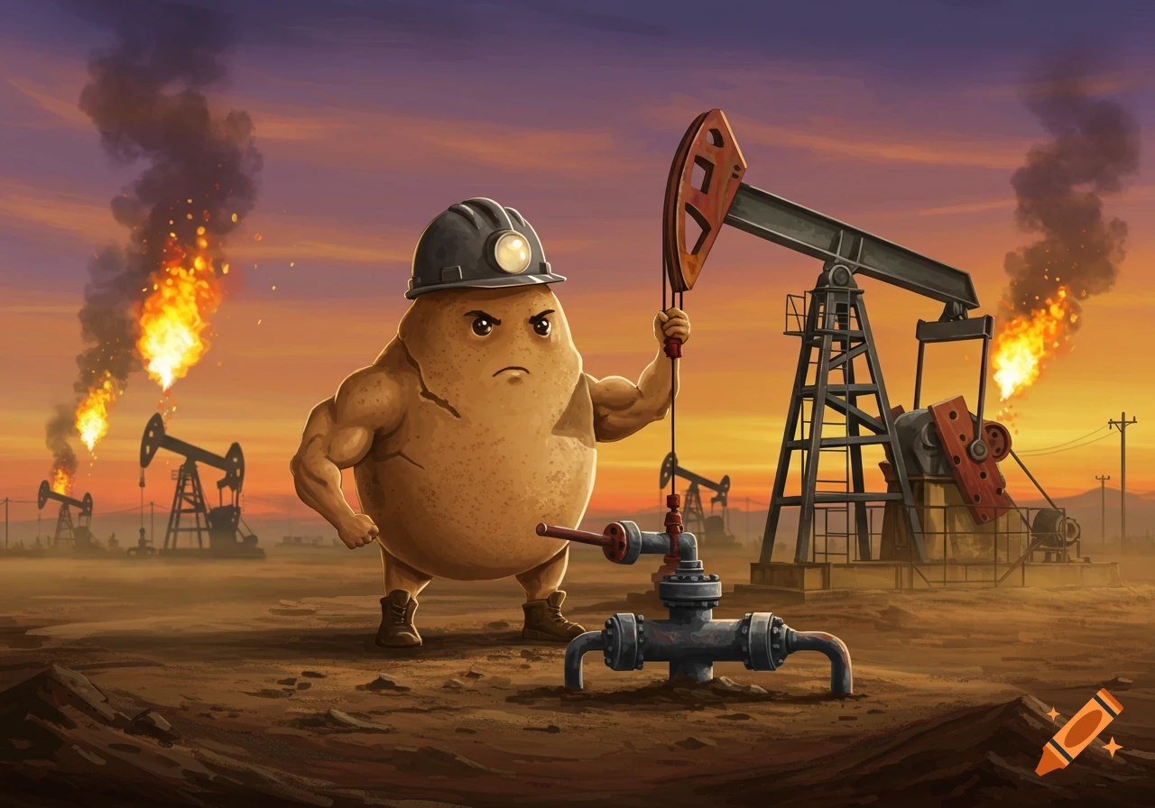 A muscular, angry-looking potato in a hard hat operates a pump jack in an oil field with gas flares under an orange sky, cartoon illustration.