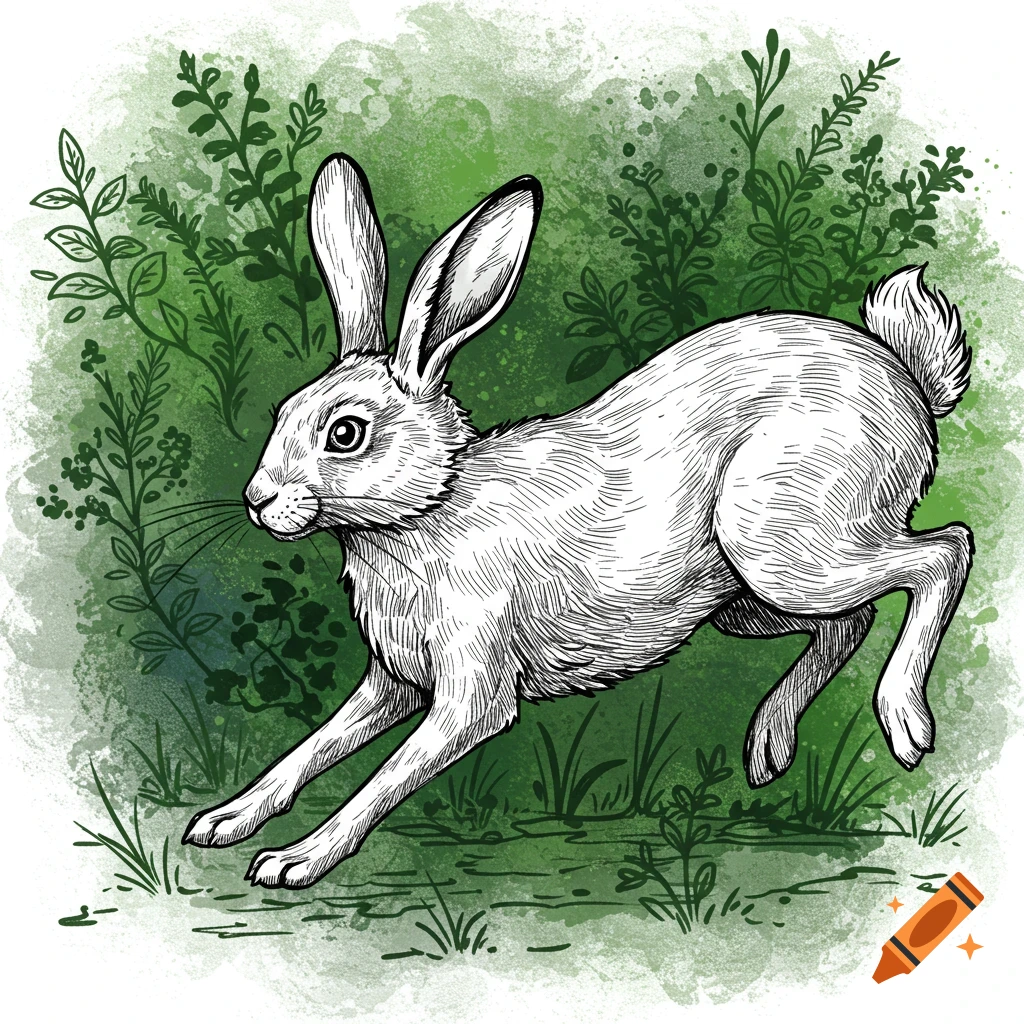 A white rabbit in a detailed line drawing leaps through green foliage.